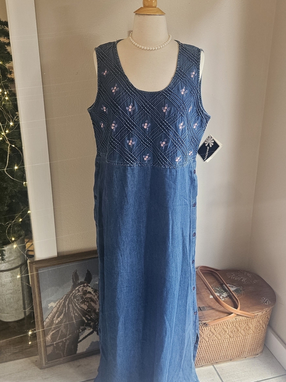 Denim Sleeveless Maxi Dress with Embroidered Bodice - Blue Jean Floral